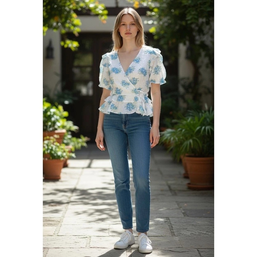 Promesa White/Blue Floral Crop Top Short‎ Puff Sleeve Ruffle Blouse Large NWT